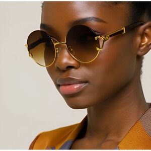 Rimless Sunglasses Round Brown Lens Gold Accents Wood Arms Women Fashion Trendy‎